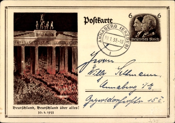 Ganzsachen Ak Berlin, Deutschland über alles, Aufmarsch 30. Januar 1933, Brandenburger Tor