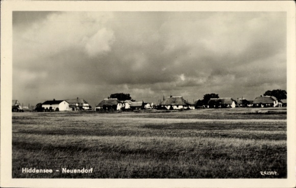 Ak Neuendorf auf der Insel Hiddensee, Landschaft mit Häusern, weite Felder, bewölkter Himmel