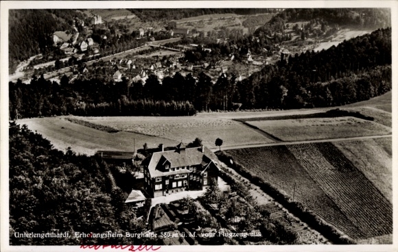 Postcard Unterlengenhardt Bad Liebenzell in the Black Forest, aerial photograph, Burghalde recreation home
