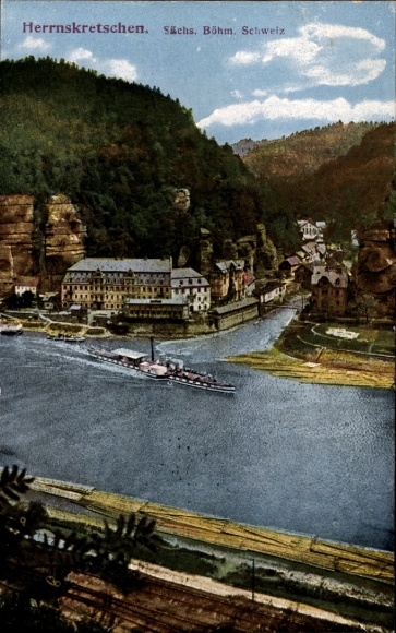 Ak Hřensko Herrnskretschen Elbe Region Aussig, Teilansicht, Dampfschiff