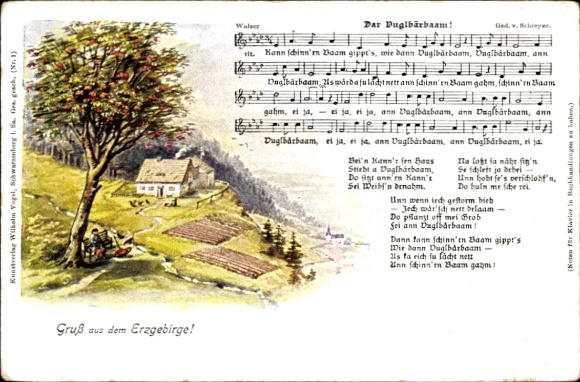 Song Postcard Vogel, Wilhelm, Dar Vuglbärbaam, landscape idyll, Ore Mountains