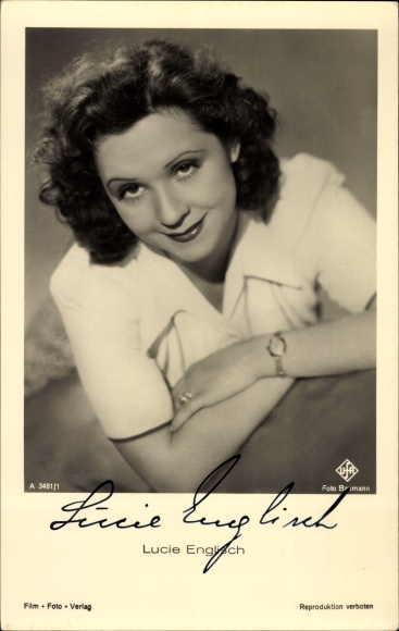 Postcard actress Lucie English, portrait, Ufa film, autograph