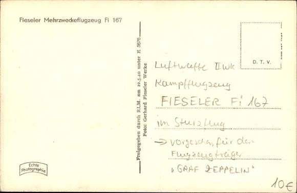 Postcard Deutsche Luftwaffe, Fieseler multipurpose aircraft Fi 167, IJAN