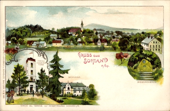 Litho Sohland an der Spree Lausitz, Panorama, Schloss, Prinz Friedrich August Turm, Bismarckstein