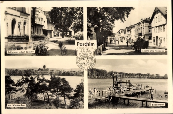 Postcard Parchim in Mecklenburg, Kulturhaus Kurt Bürger, Wockersee, Straße des Friedens