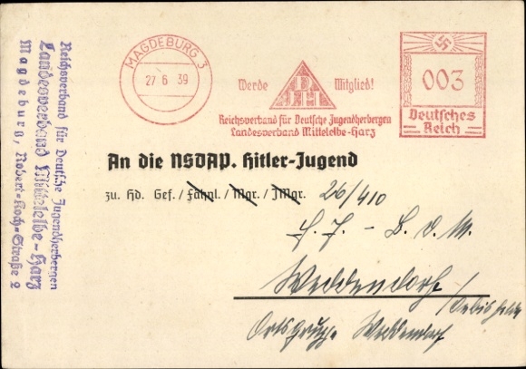 Postcard Magdeburg, hiking vouchers of the Reich Recruitment and Victims Day 1939, Reich Association of Youth Hostels