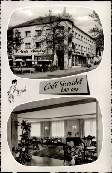Postcard Bad Orb in the Spessart, Wegscheide, Café Sprudel, building view, interior view, restaurant, hotel