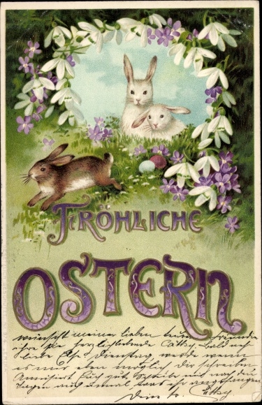 Chromo-Litho congratulations Easter, Easter bunnies, snowbells, Easter eggs