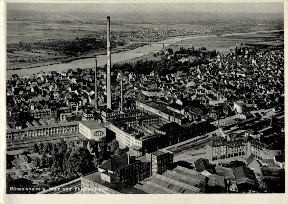 Postcard Rüsselsheim am Main Hesse, aerial view of Main, factory building, OPE