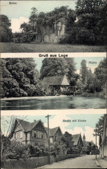Ak locatie in Lippe, ruïne, watermolen, straat met kerk
