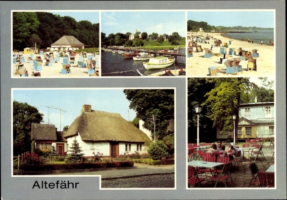 Ak Altefaehr op het eiland Rügen, café aan het strand, zeilhaven, oud vissershuis, kuuroordhuis