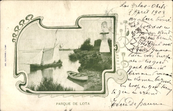 Postcard Bahía de Lota Chile, Parque de Lota, sailboat