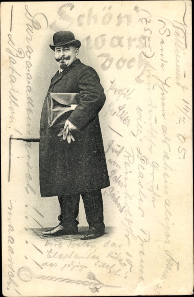 Postcard Fat man with hat and coat, bag