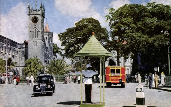 Postcard Bridgetown Barbados, Trafalgar Square, traffic policeman, car
