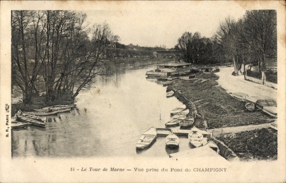 Ak Champigny sur Marne Val de Marne, Schwarz-Weiß-Bild, Fluss, Boote, Bäume, Brücke, grüner Schim