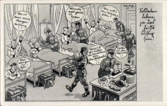 Artist Postcard Barlog, Soldier's life means being funny, Wehrmacht, officer, dormitory, II. WW