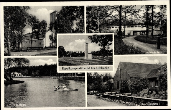Ak Mittwald Espelkamp in Ostwestfalen Lippe, Kirche, Waldschule, Badeteich, Martinskirche, Südtor