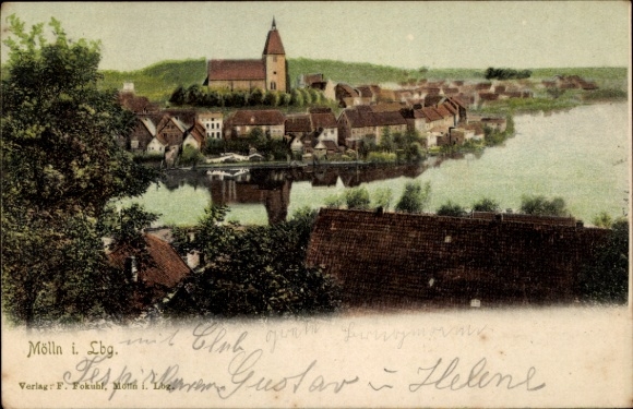 Postcard Mölln in the Duchy of Lauenburg, view of church, houses, river, nature