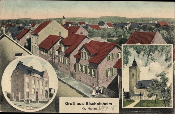 Postcard Bischofsheim Maintal in Hesse, church, school