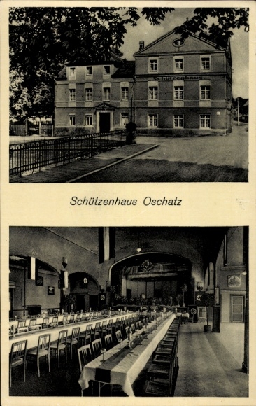 Ak Oschatz in Sachsen, Schützenhaus  Vorderansicht des Gebäudes, Innenraum mit Tischanordnung