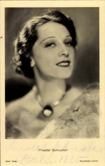Ak-actrice Friedel Schuster, portret, handtekening, ketting