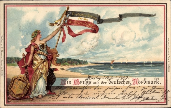 Chromo-Litho Harpstedt in the forest in Oldenburg, Greetings from the German Nordmark, Imperial flag