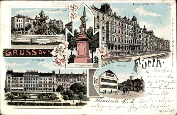 Litho Fürth in Mittelfranken Bayern, Promenade, Kriegerdenkmal, Stadtansichten