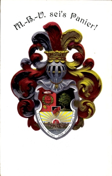 Ansichtkaart Ronneburg in Thüringen, wapen, helm, onderscheidingen, tekst: M.-B.-V. wees het vaandel! 1886