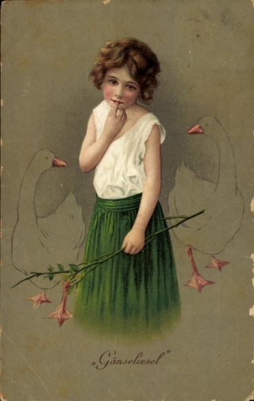 Ak Gänseliesl, Mädchen mit Gänsen