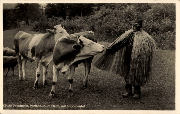 Postcard Elztal in the Odenwald, shepherd boy, cows, straw coat