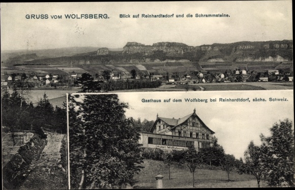 PC Reinhardsdorf Schöna in Saxony, Wolfsberg, inn, panorama with the Schrammsteinen