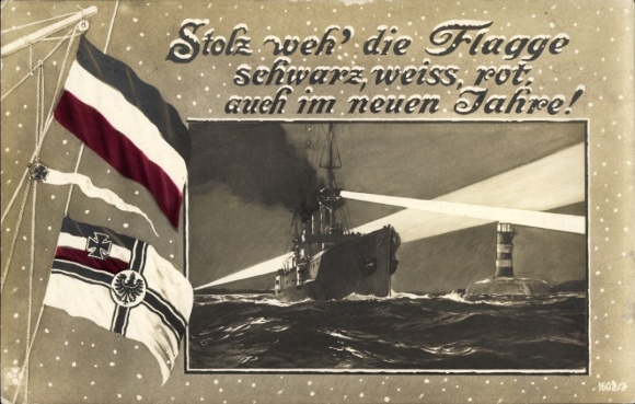 PC Happy New Year, warship, lighthouse, flags, SMS Seydlitz