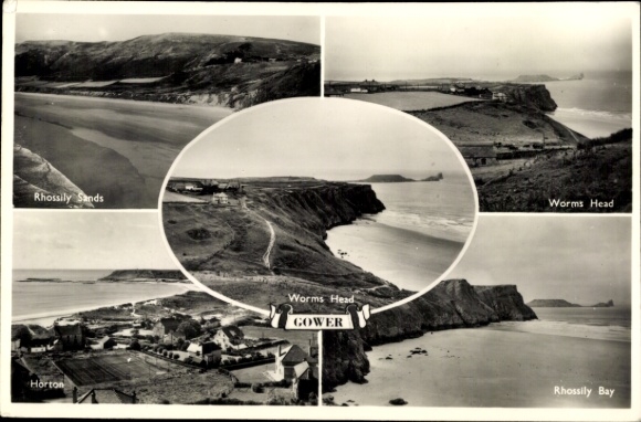 Postcard Gower Wales, Worms Head, Rhossily Bay