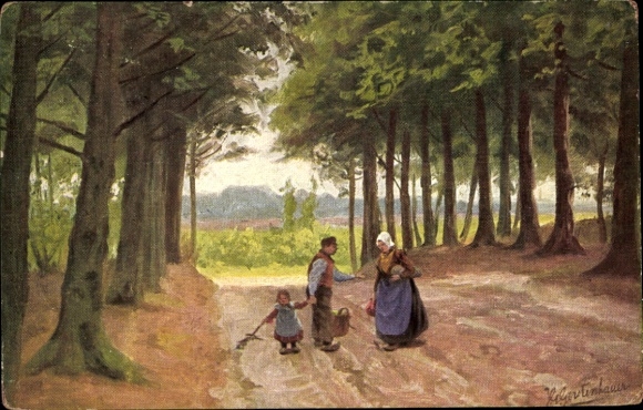 Artist Postcard Gerstenhauer, Dutch motif, forest path, woman in traditional costume