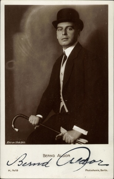 KP aktor Bernd Aldor, portret, autograf, kapelusz, laska, PH K 1419