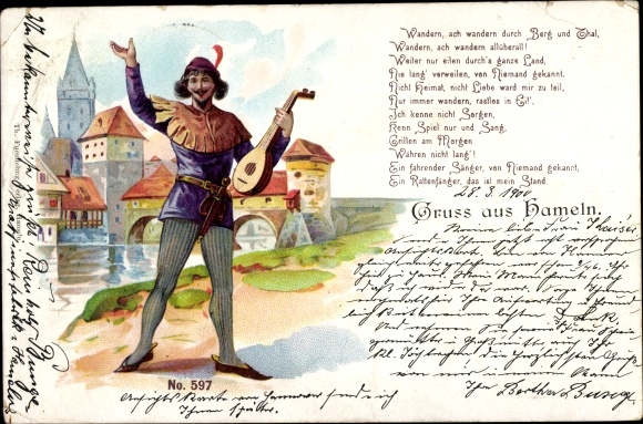 Kunstenaar litho Hamelin in Nedersaksen, rattenvanger met luit, brug, kerk