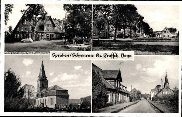 Postcard Spraken Schwarme Lower Saxony, inn and commercial building H. Lindemann, church, street