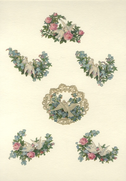 6 wafers white doves in flower tendrils, approx. 6.5 x 7.5 and 5.5 x 7 cm