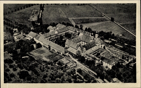Postcard Benediktbeuern in Upper Bavaria, aerial view of a monastery, surrounding nature, well-kept gardens,