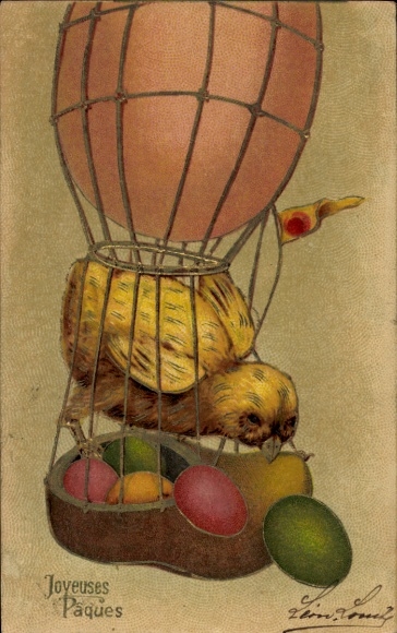 Glitter Embossing Chromo-Litho Airship, Chick, Easter Eggs