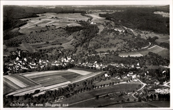 Postcard Sulzbach in the Hunsrück, aerial view of Sulzbach, rural landscape, wide fields, trees, Dö