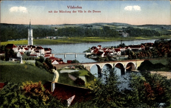 Ak Vilshofen an der Donau Kreis Passau, Blick auf Ort mit Umgebung, Mündung der Vils in die Donau