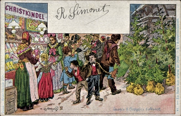 Artist Chromo-Litho Kauffmann, Alsatian customs and costumes, Christmas market, market stall