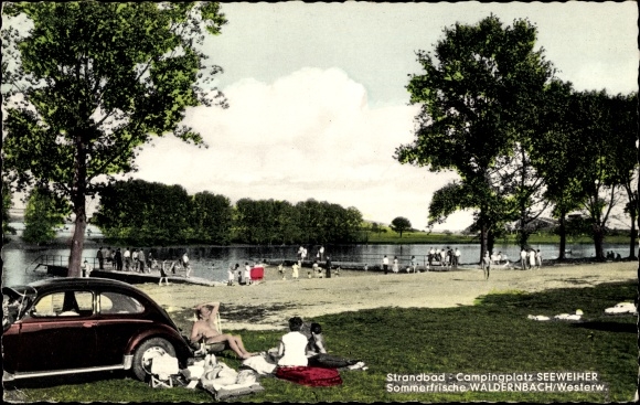 Postcard Waldernbach Mengerskirchen in the Westerwald, beach campsite Seeweiher