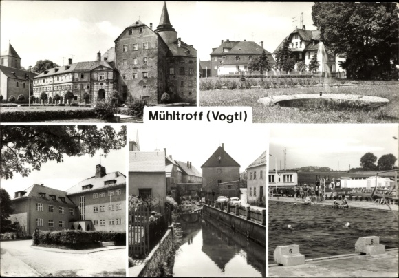 Ak Mühltroff in Vogtland Saksen, gebouw, fontein, buitenzwembad