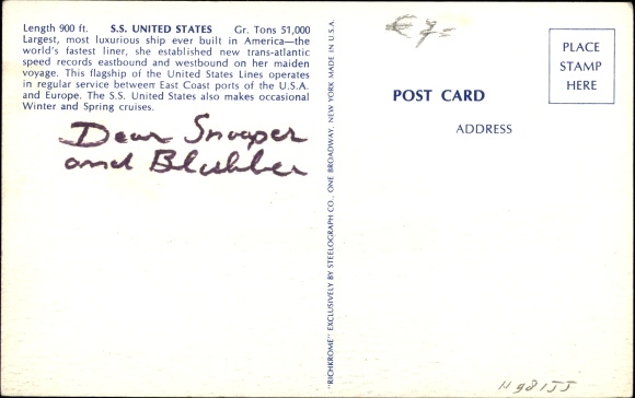 Postcard Steamer SS United States, steamship, United States Lines, USL