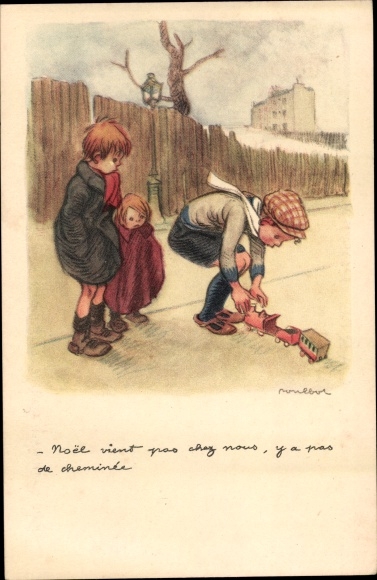 Artist PC Poulbot, Francisque, Boys with toy train, Ligue Nationale contre le Taudis