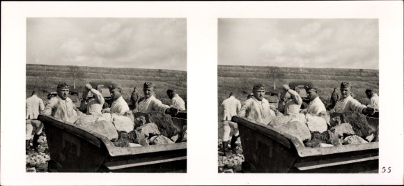 Stereo Raumbild Foto "Der Kampf im Westen", Nr. 55, Steinbruch, Wiederherstellung zerstörter Straßen