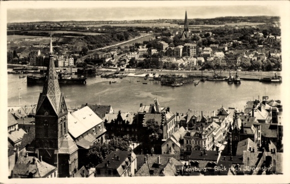 Postcard Flensburg in Schleswig Holstein, Panorama, Jürgensby, Church