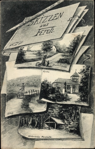 passe-partout ansichtkaart Ferch Schwielowsee in Brandenburg, Dorfstraße, kerk, voetgangersbrug, Mooshütte, Atelier Döll